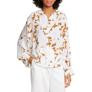 VINCE Teakwood Tropical Blooms Button-front Shirred-back Long-sleeve Blouse